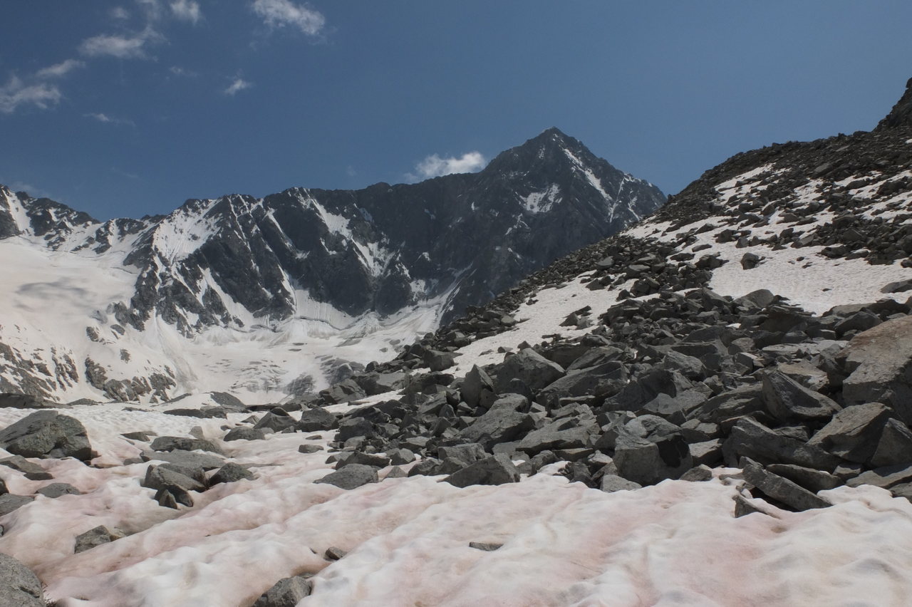 Vedrette e nevai residui ai piedi della parete nord dell'Adamello, con placche di roccia e blocchi affioranti dal ghiaccio.