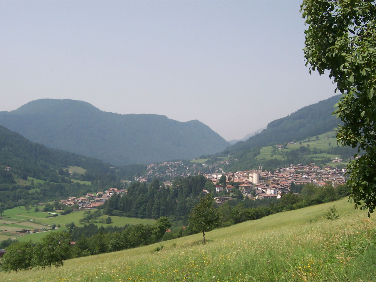 Il paese di Borno visto dai prati sopra l'abitato: le case e il campanile sul ripiano dell'altopiano, con i versanti boscosi della valle tutt'intorno.