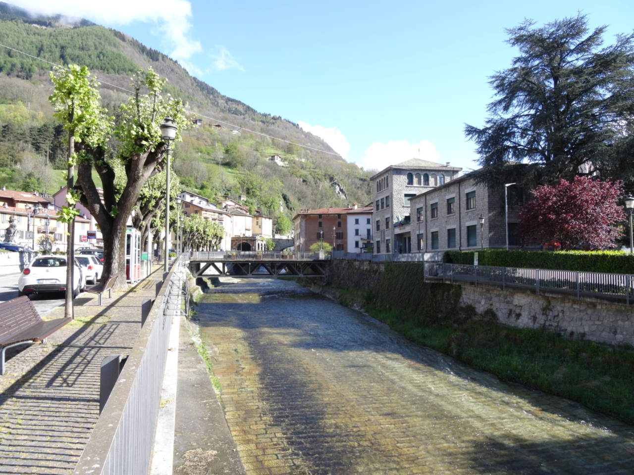 Il corso dell'Oglio incanalato nell'abitato di Edolo, con un ponte, le case sulle due rive e i versanti boscosi che chiudono la valle.