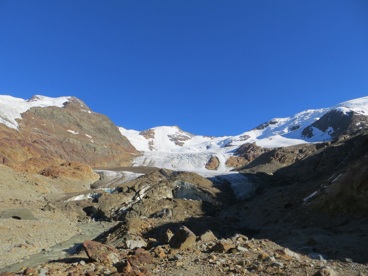 La fronte del Ghiacciaio dei Forni: la lingua glaciale fra rocce e detriti morenici, sovrastata dalle cime innevate del massiccio.